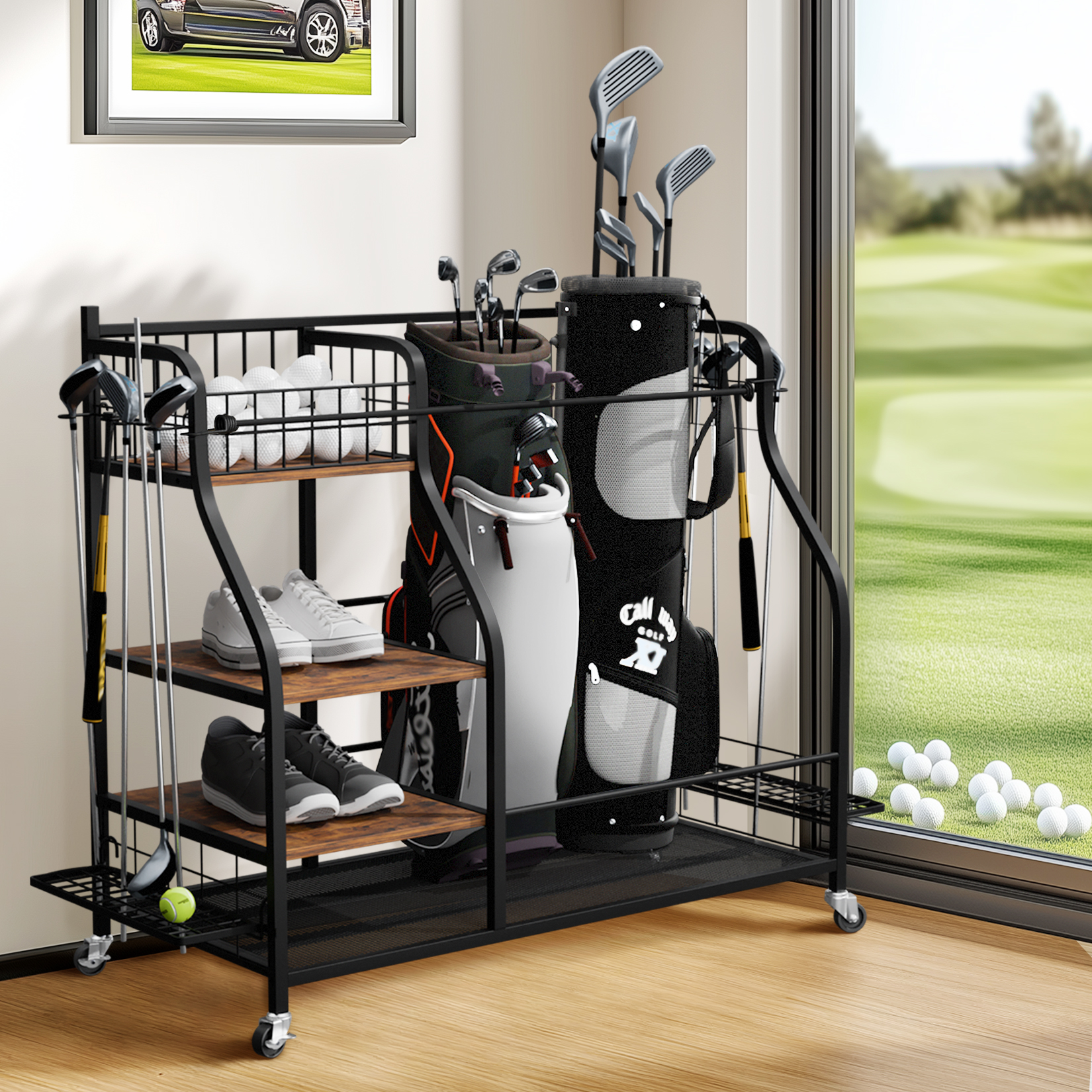 Rolling Golf Storage Rack Gara - Golf Equipment Garage Organizer ulasan dan harga