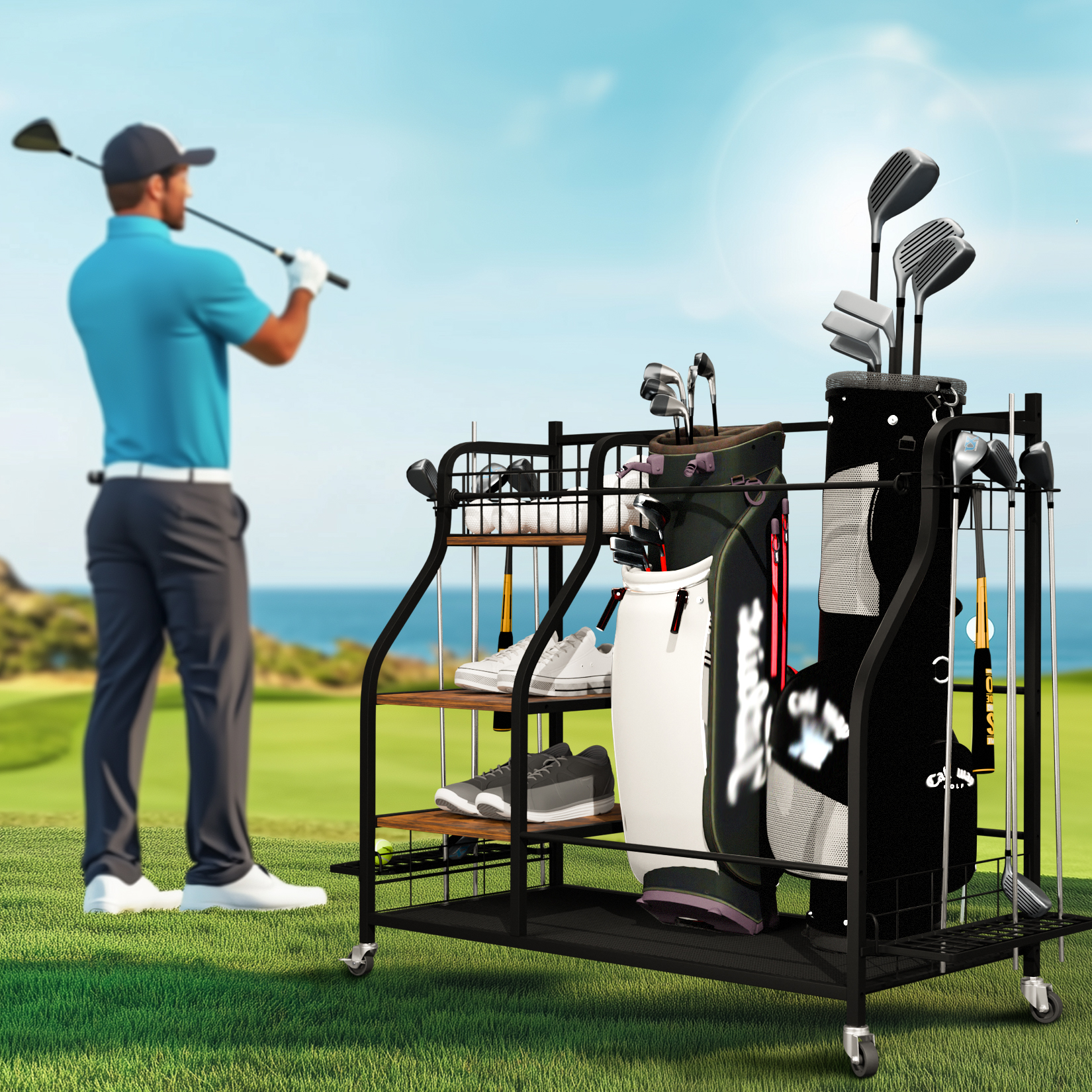 Rolling Golf Storage Rack Gara - Golf Equipment Garage Organizer ulasan dan harga